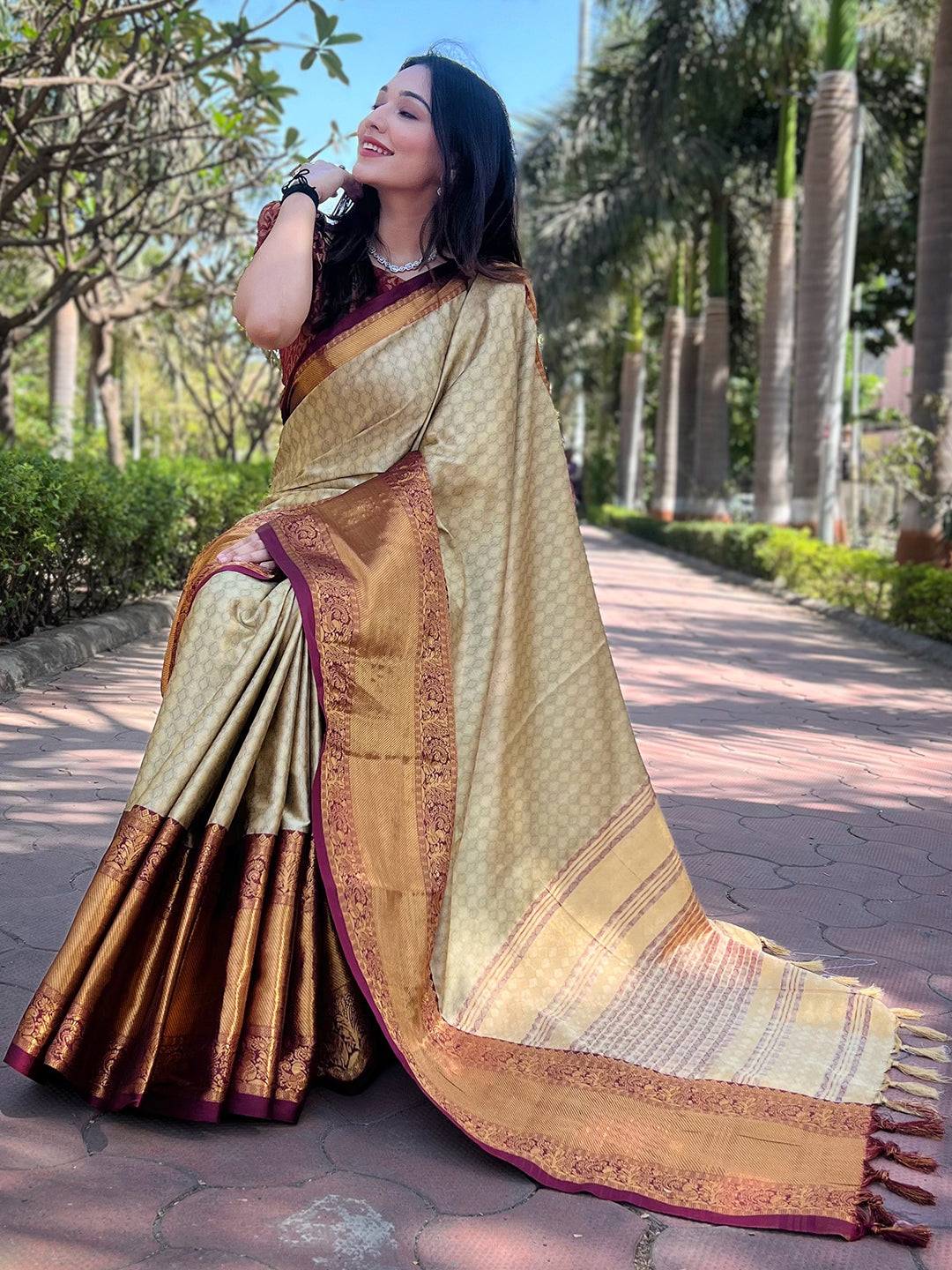 Gold Colour Kanjivaram Aura Soft Silk Saree With Broced Zari Blouse by My Store