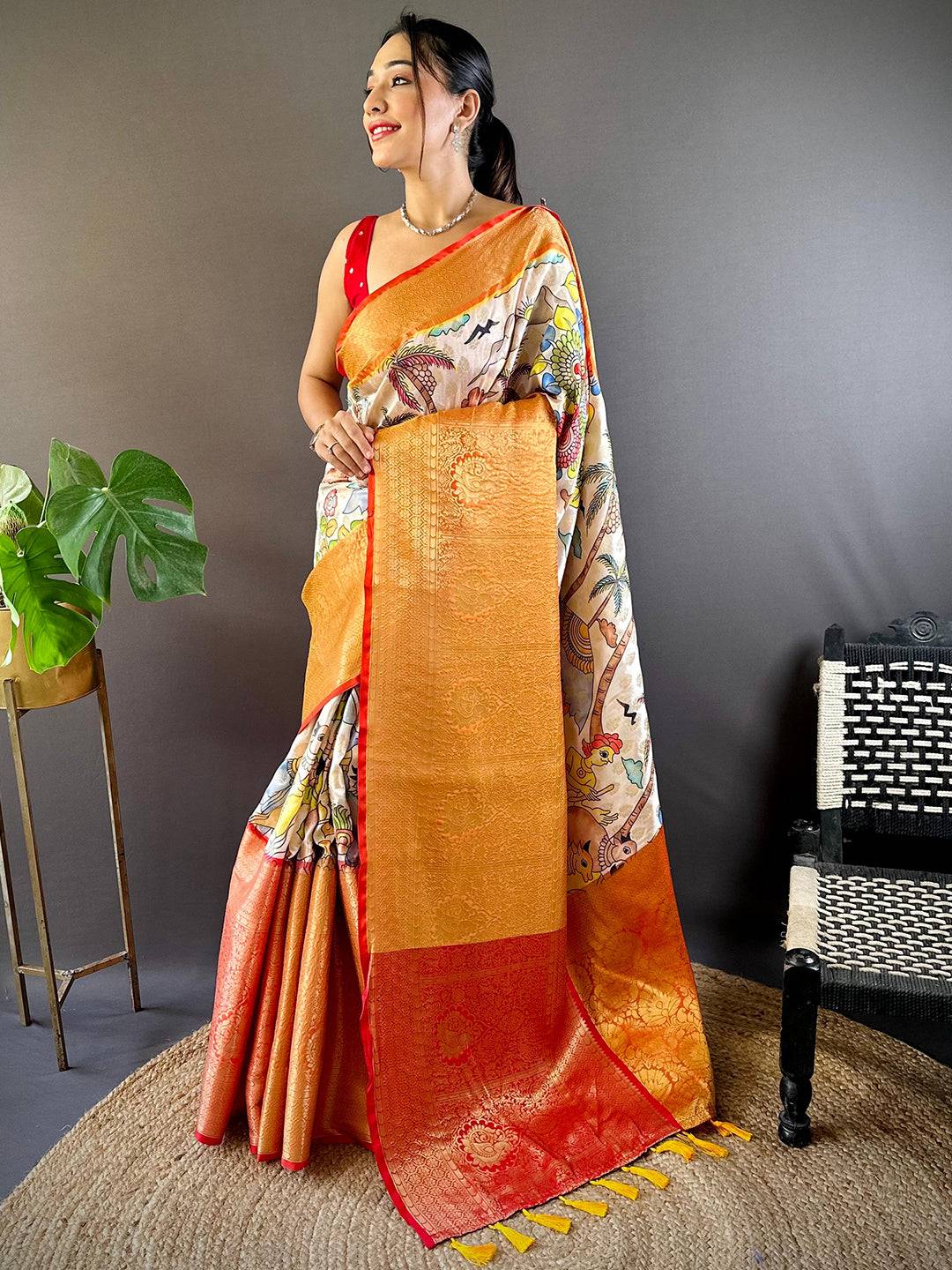 Cream Kanchi Kalamkari Elegance Saree by My Store