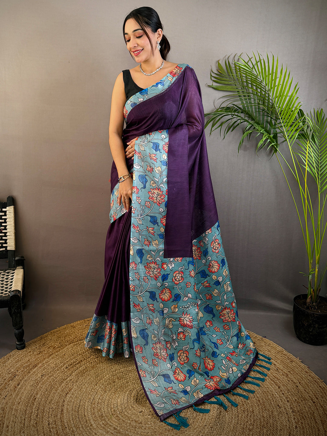 Purple Linen Kalamkari Print Saree by My Store