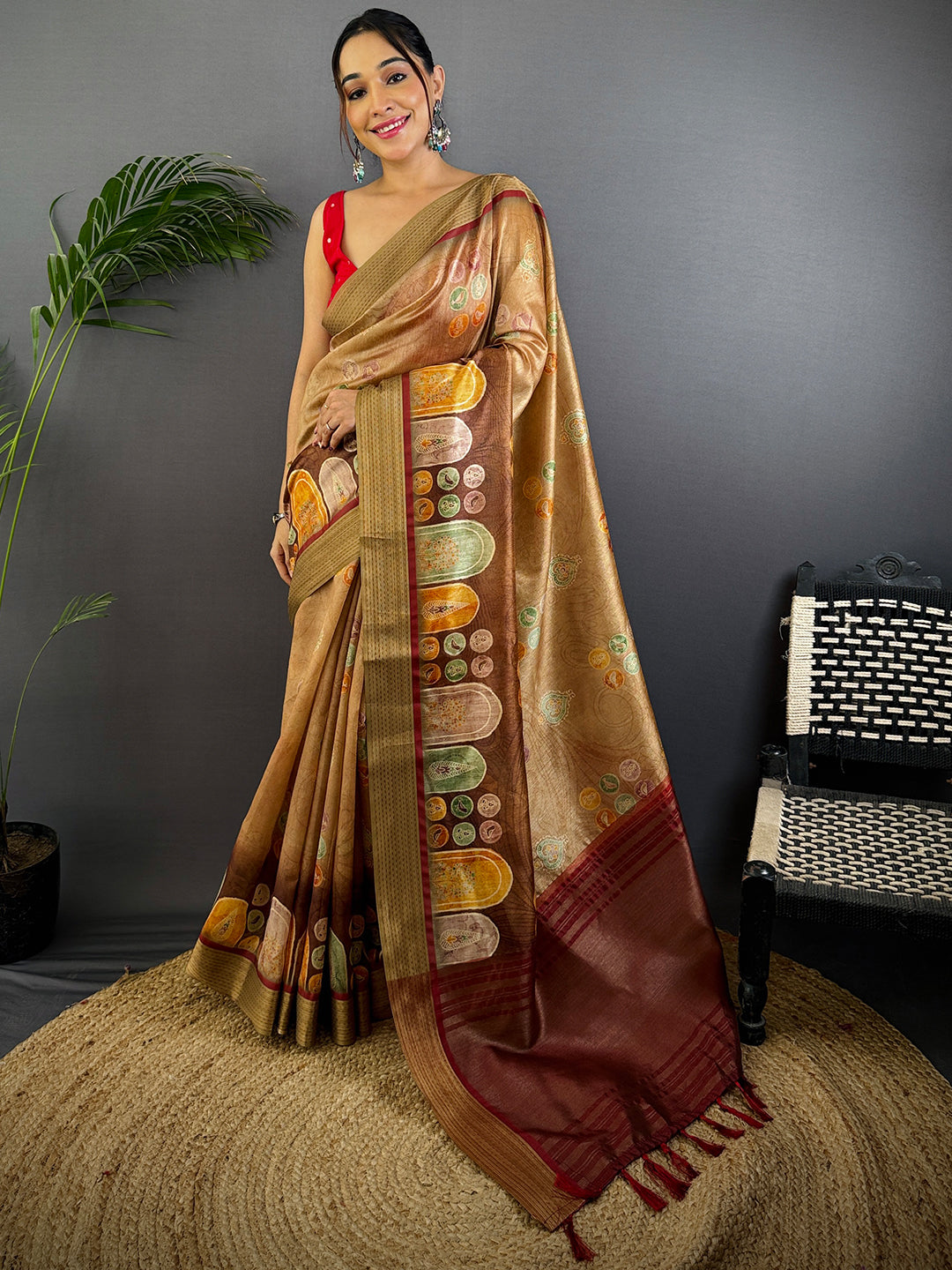 Light Brown Tussar Silk Kalamkari Print Saree by My Store