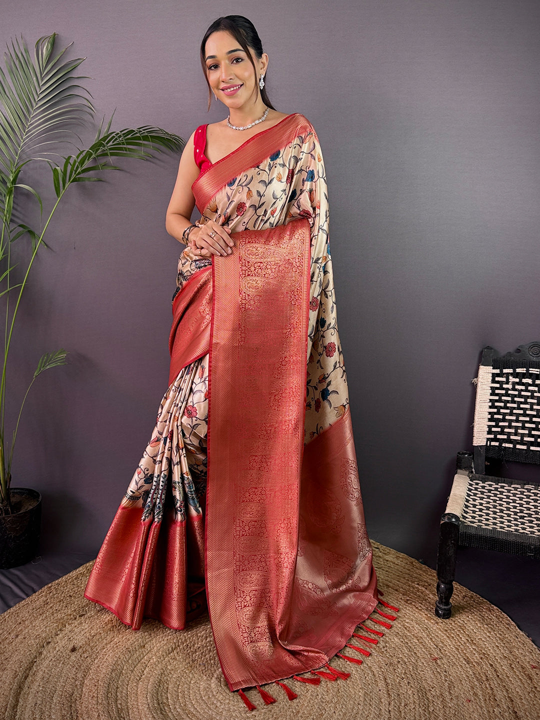 Cream Cherry Satin Kalamkari Saree by My Store