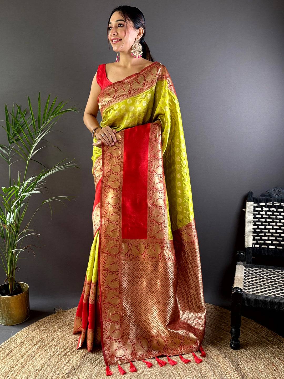 Lime Banarasi Silk Saree With Pattu Zari Border by My Store