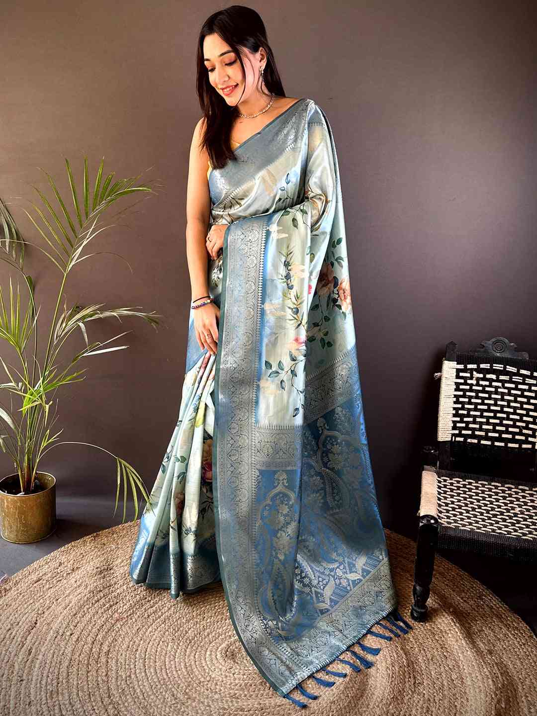 Pastel Blue Bamboo Silk Floral Saree by My Store
