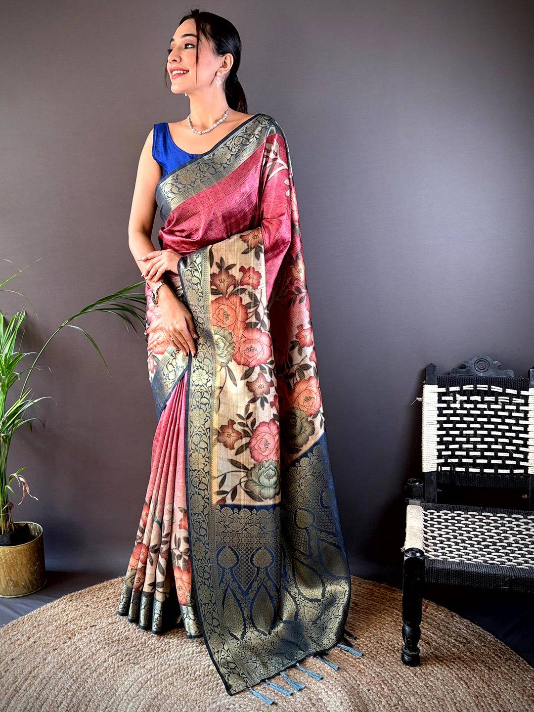 Rani Ombre Floral Digital Print Saree by My Store