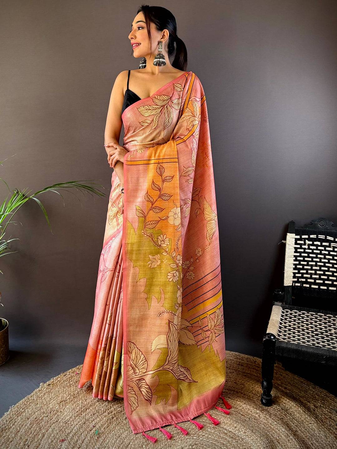 Pink Abstract Floral Zari Tussar Saree by My Store