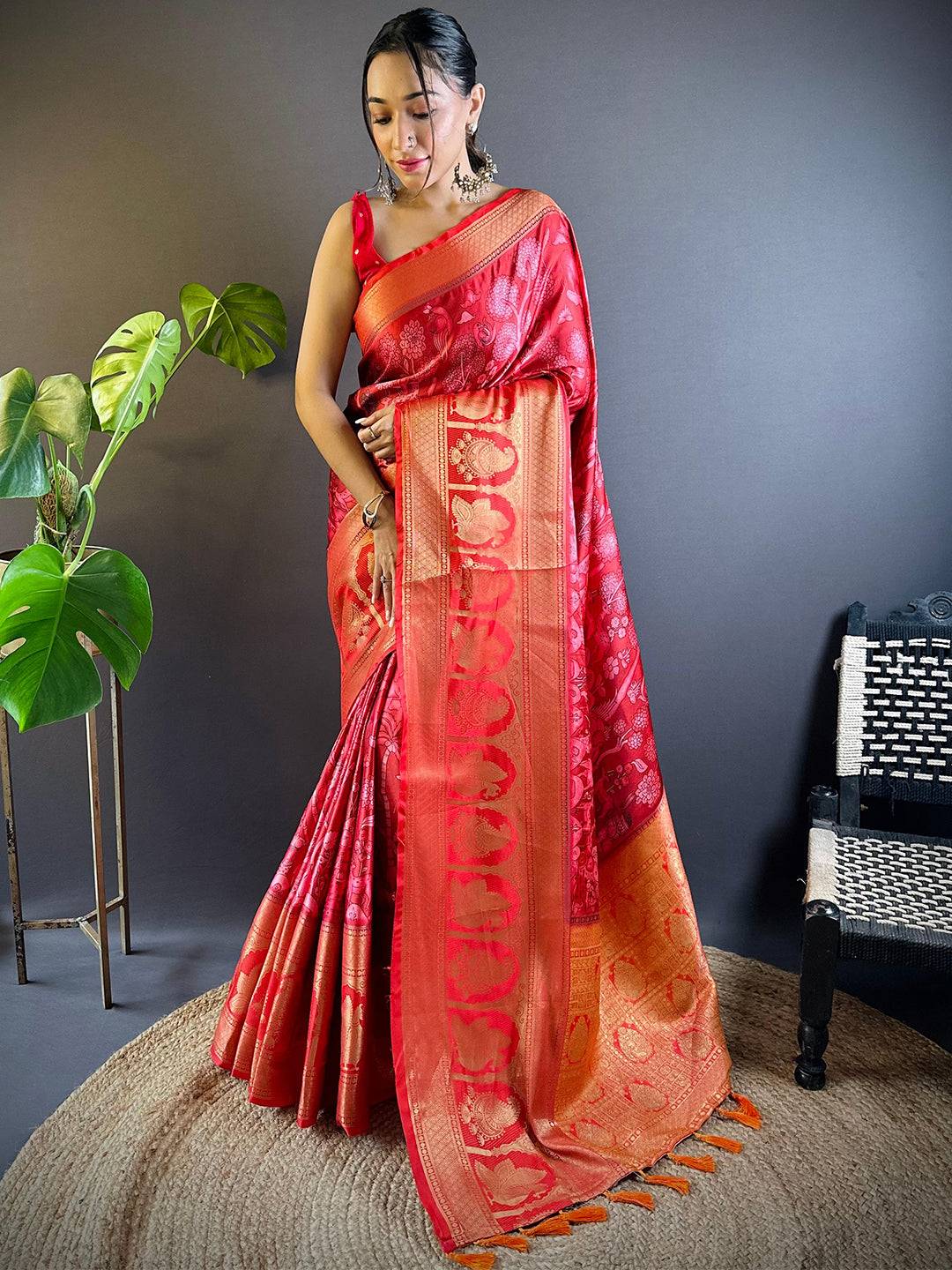 Red Charry Satin Floral Saree by My Store