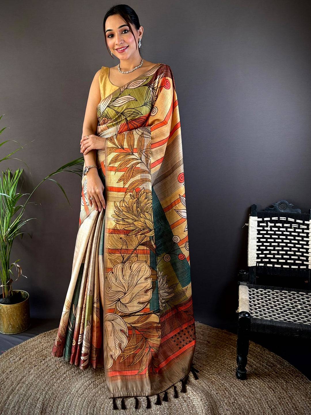 Tan Beige Tussar Silk Floral Prints Saree by My Store