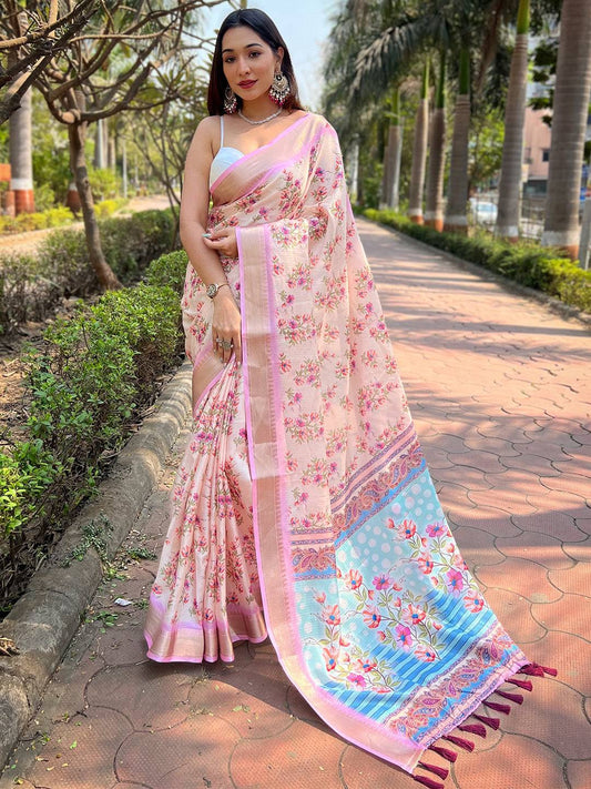 Peach Kota With Digital Floral Printed Saree by My Store