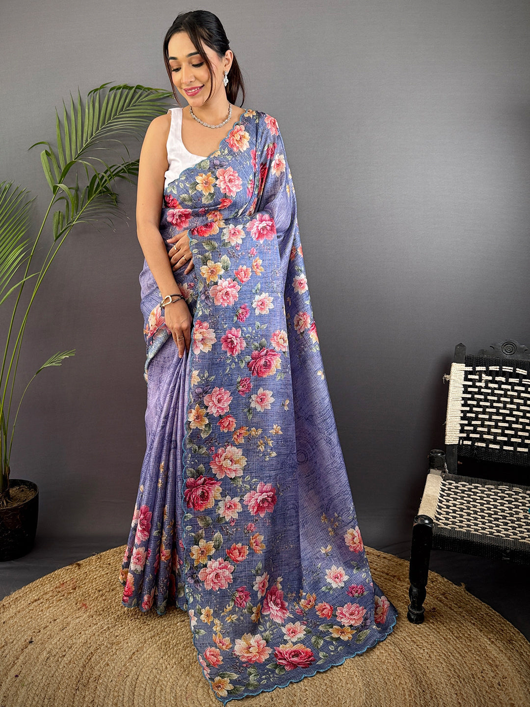 Denim Blue Kota Doriya Floral Cut Work Saree by My Store