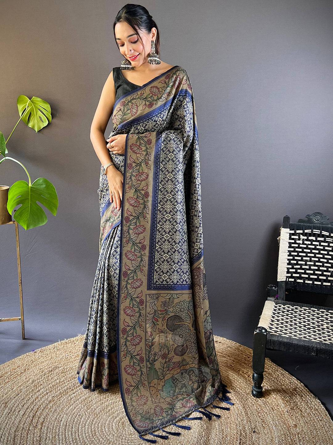 Navy Blue Patola And Kalamkari Fusion Saree by My Store