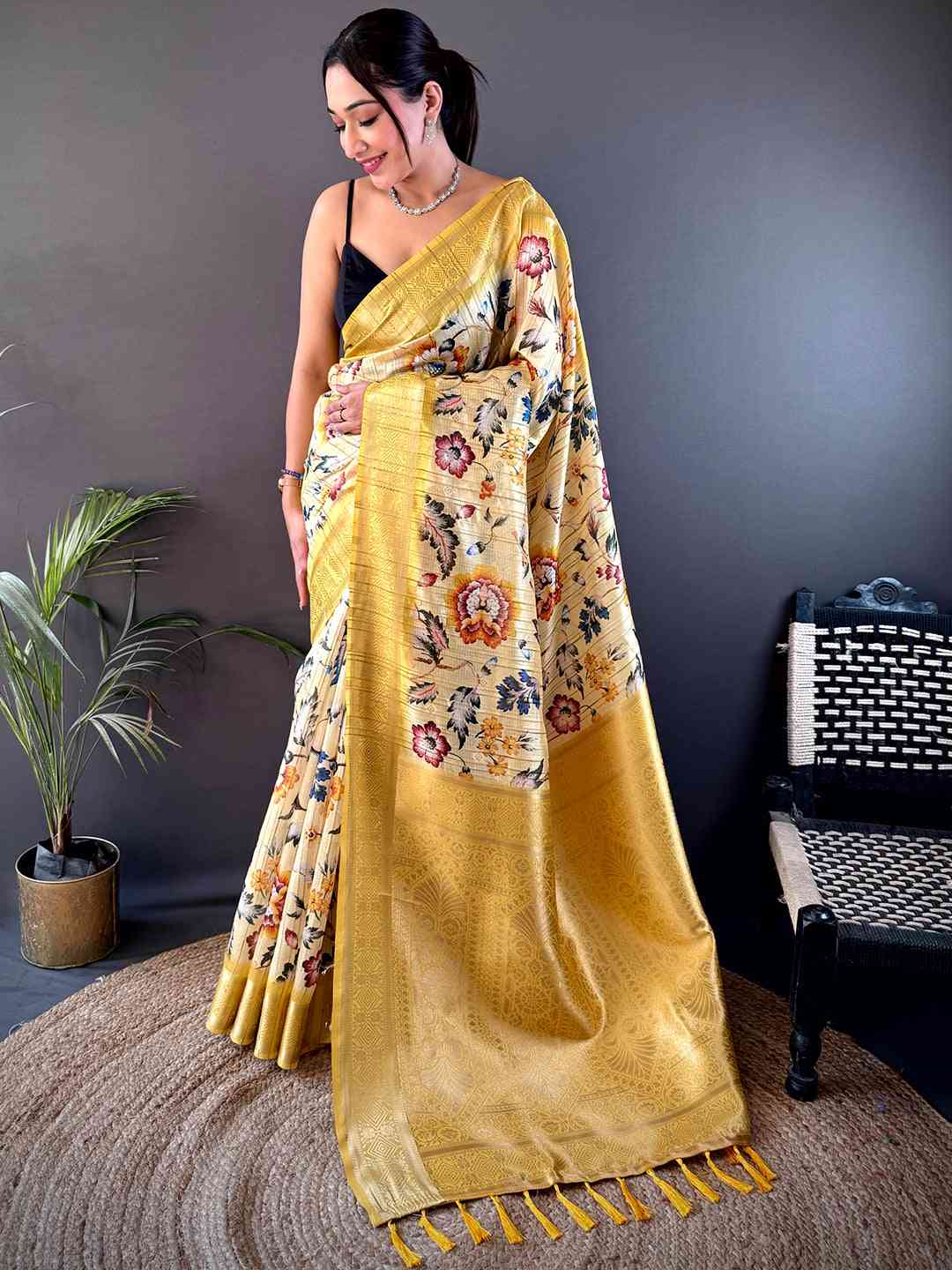 Opulent Banarasi Ghicha Tussar Floral Print Saree by My Store