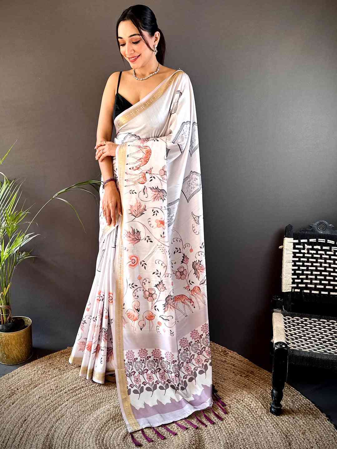 Lavender Forest Phulkari Kalamkari Print Saree by My Store