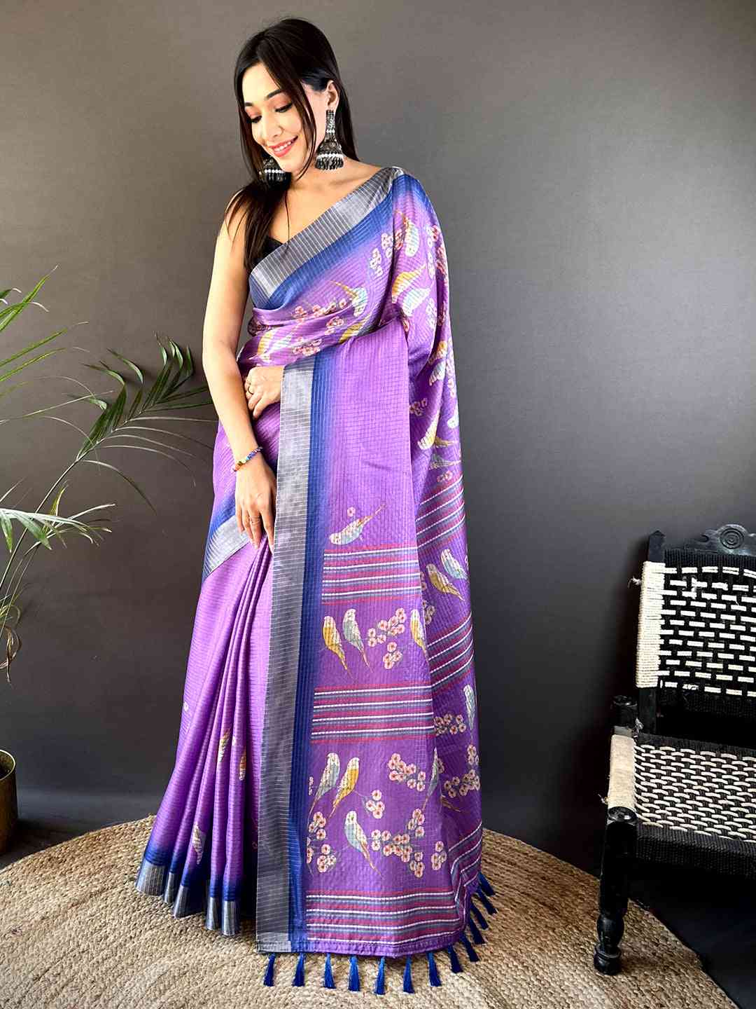 Lavender Chanderi Check Sparrow Print Saree by My Store
