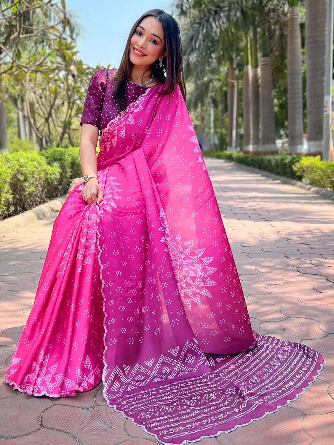 Rani Georgette Silk Saree with Ombre Bandhej Print & Swaroski Stone Work