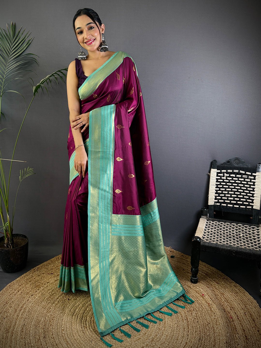 Royal Wine Soft Silk Tilak Butti Saree by My Store