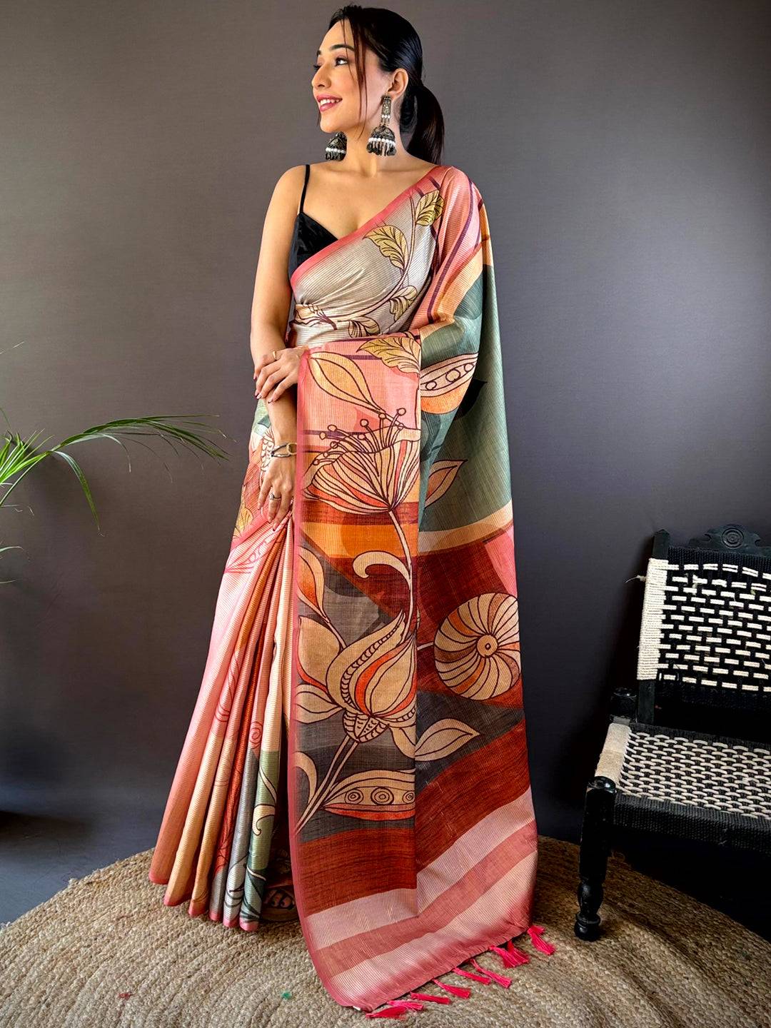 Rose Pink Zari Tussar Printed Saree by My Store