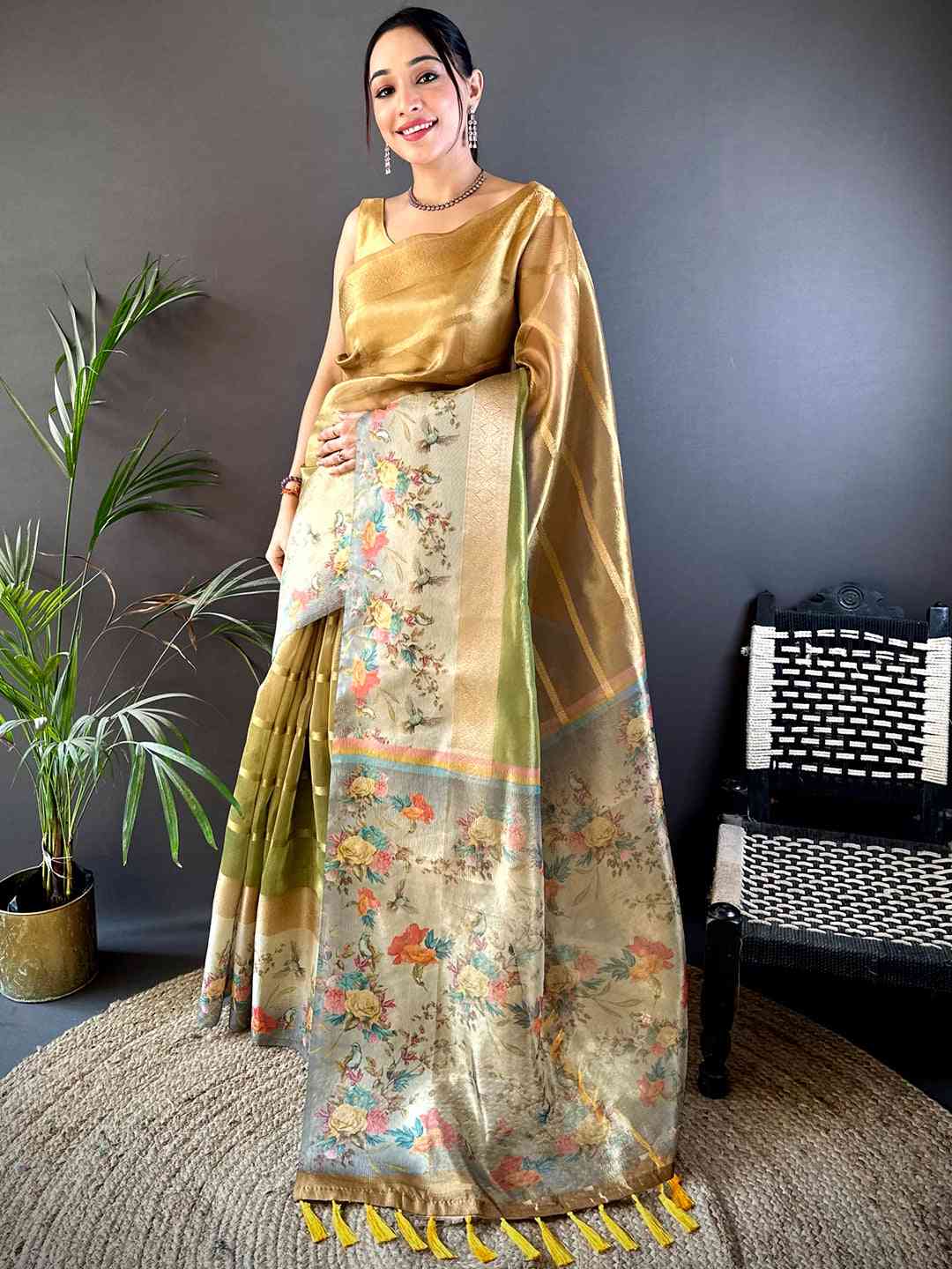 Mustard Ombre Zari Tissue Digital Print Saree by My Store