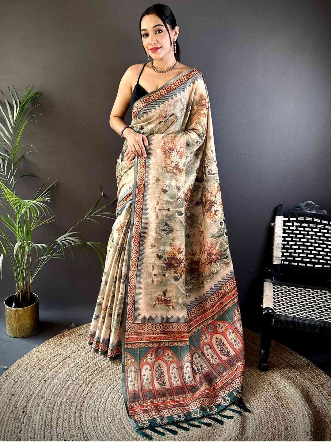 Olive Tussar Blossom Saree by My Store