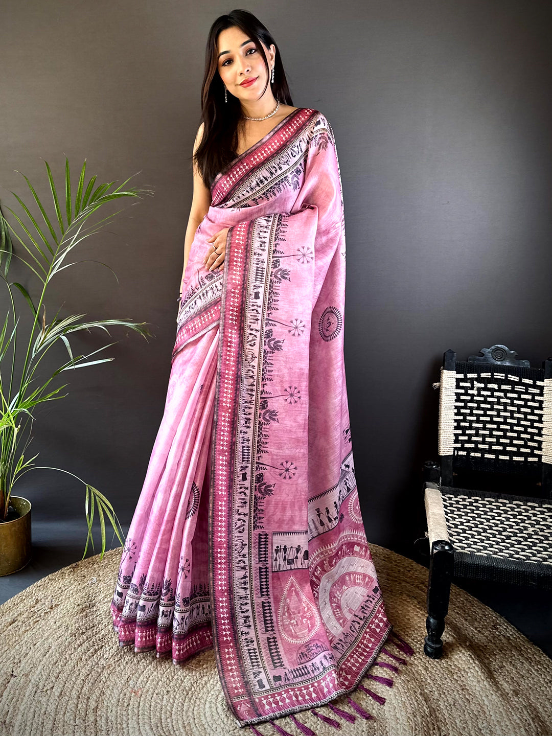 Blush Pink Warli Print Tissue Chanderi Saree by My Store