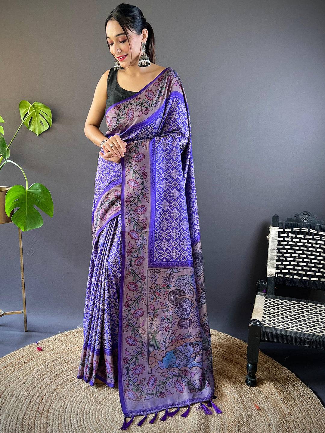 Persian Blue Patola And Kalamkari Fusion Saree by My Store