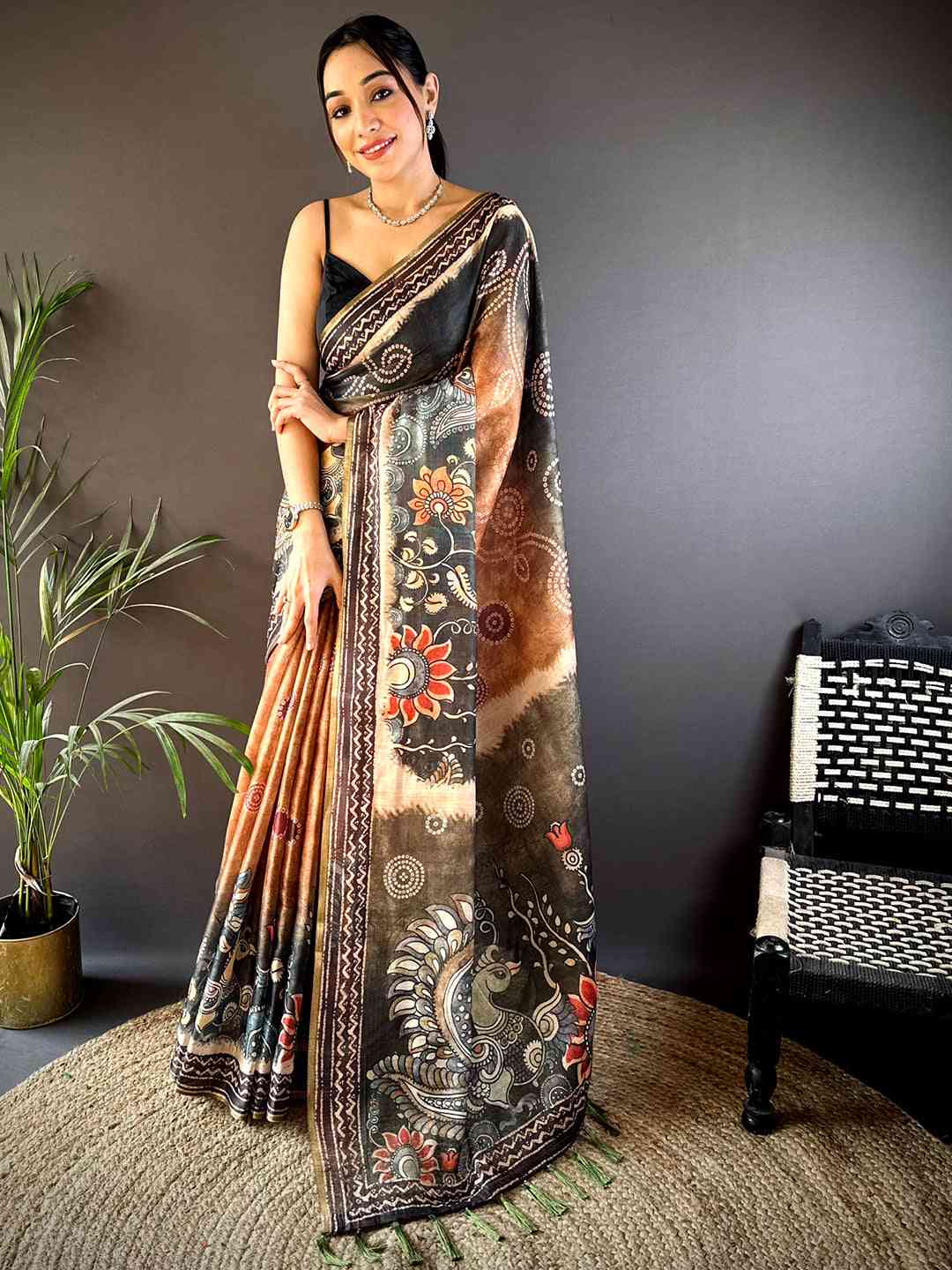 Orange Kalamkari Bandhani Chanderi Saree by My Store
