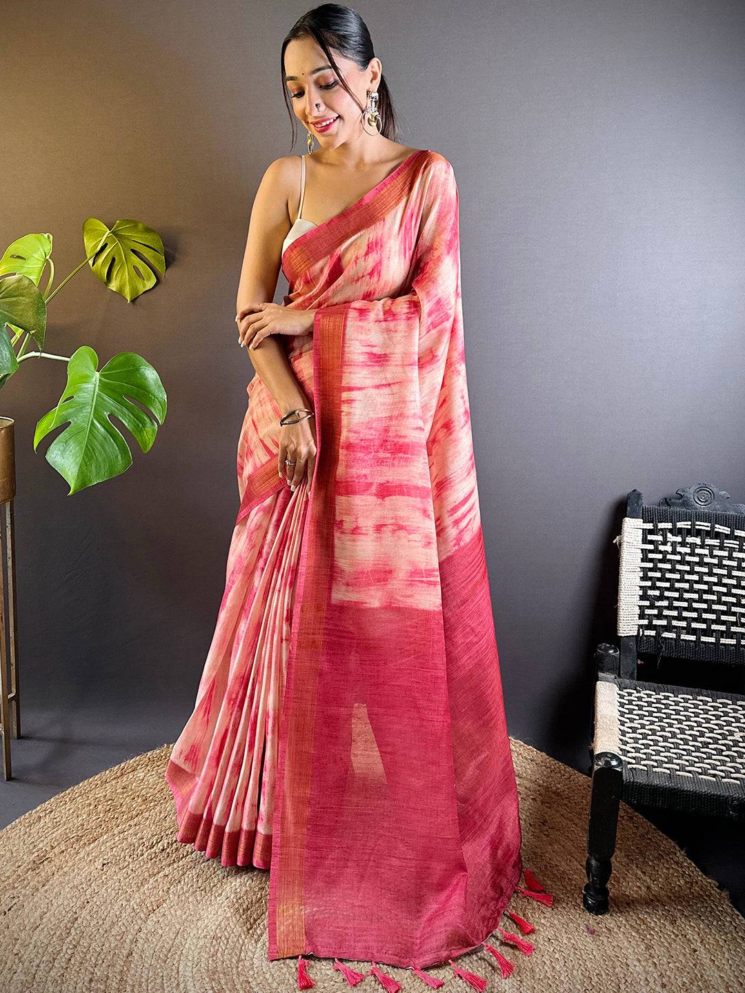 Blush Pink Shibori Print Linen Saree by My Store