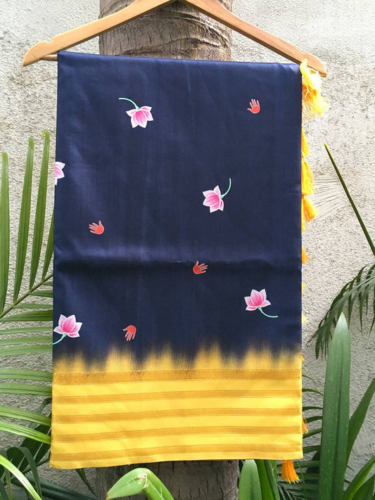 Lotus Print Navy Blue Silk Saree by My Store