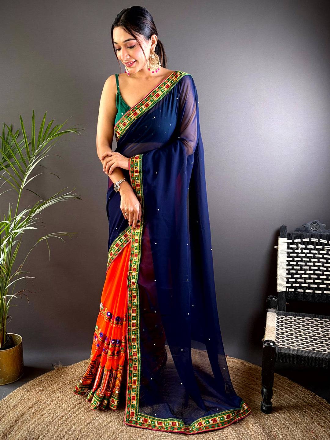 Orange Georgette Saree With Exquisite Katchi Work by My Store