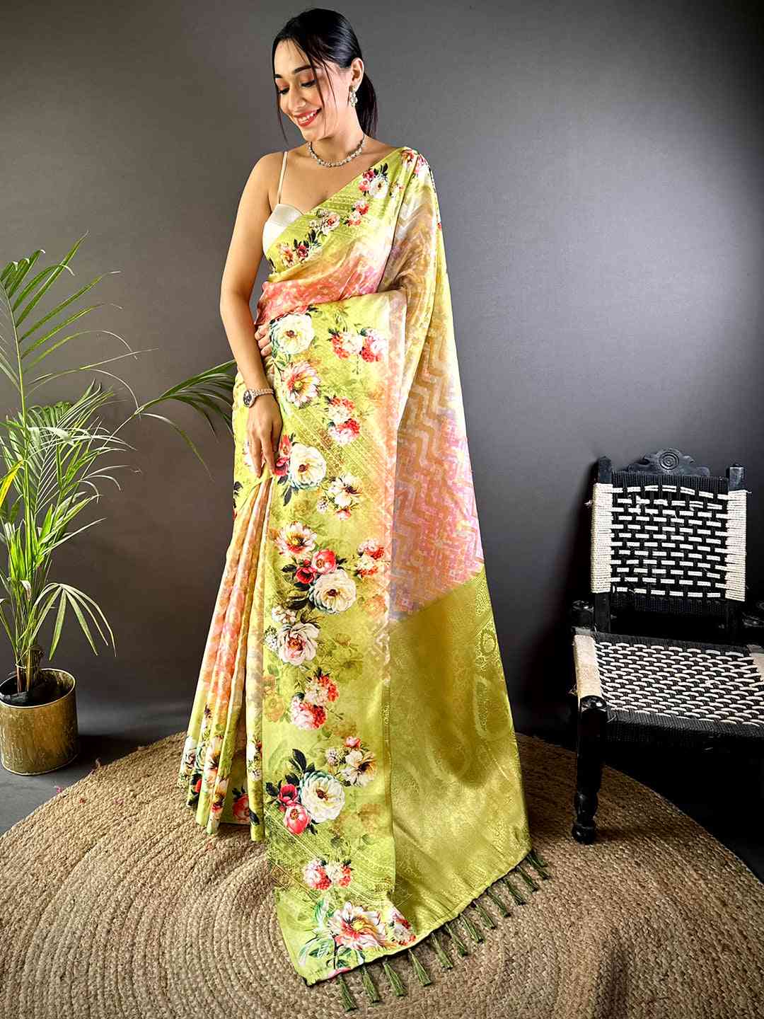 Lime Green Zari Zigzag Kota Doriya Saree by My Store