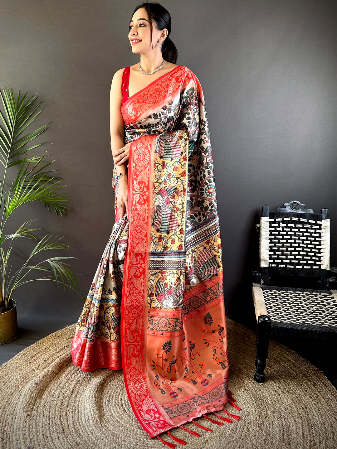 Cream Yevla Pathani Soft Silk Saree by My Store