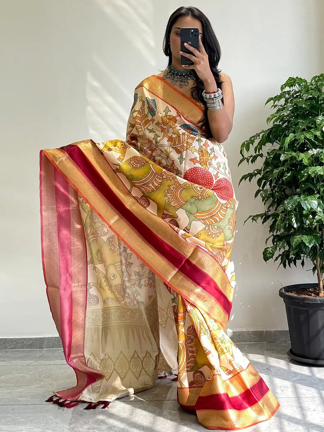 Multi Colour Soft Silk Kalamkari Saree by My Store