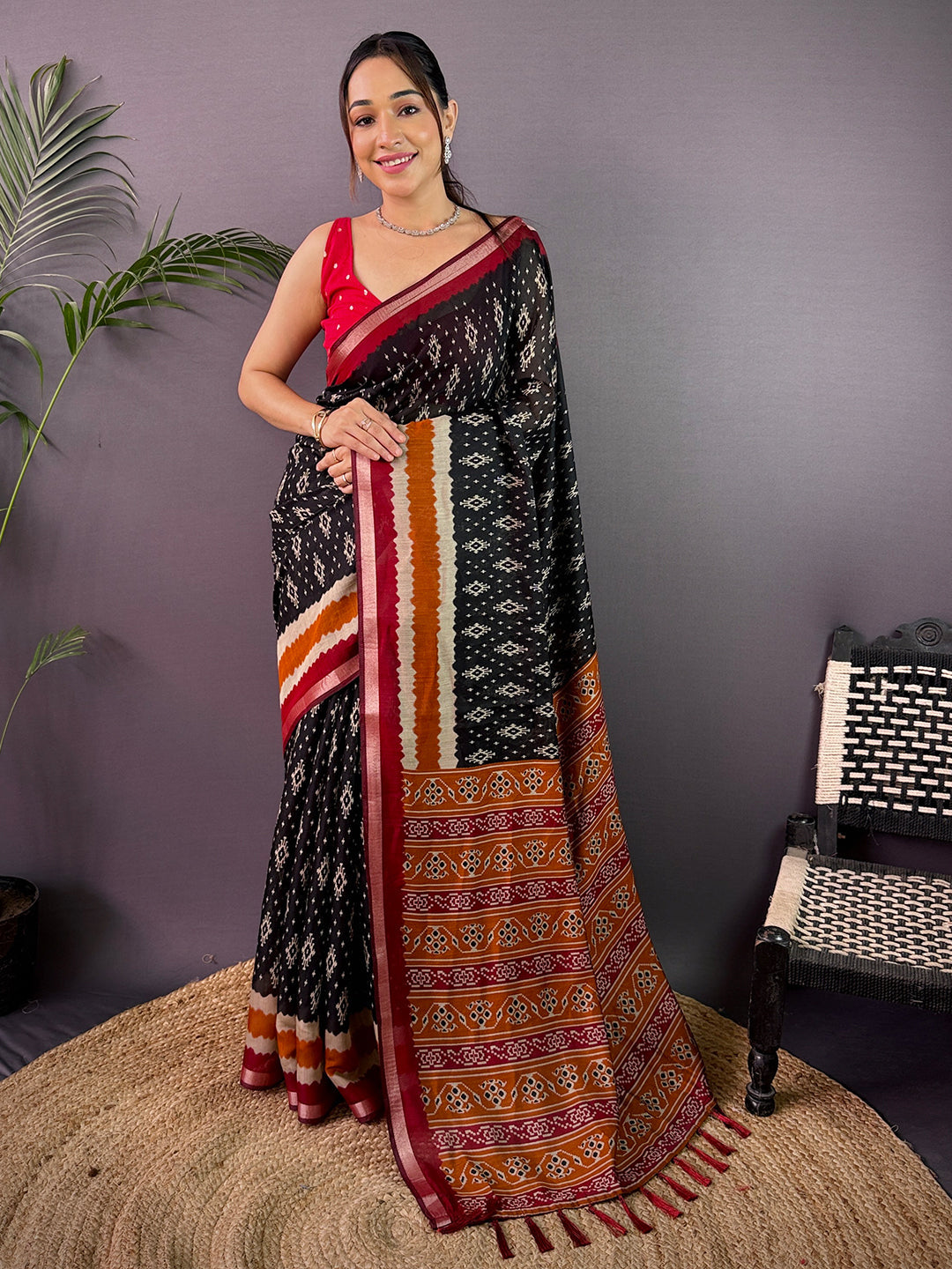 Black Pure Cotton Viscose Ikkat Print Saree