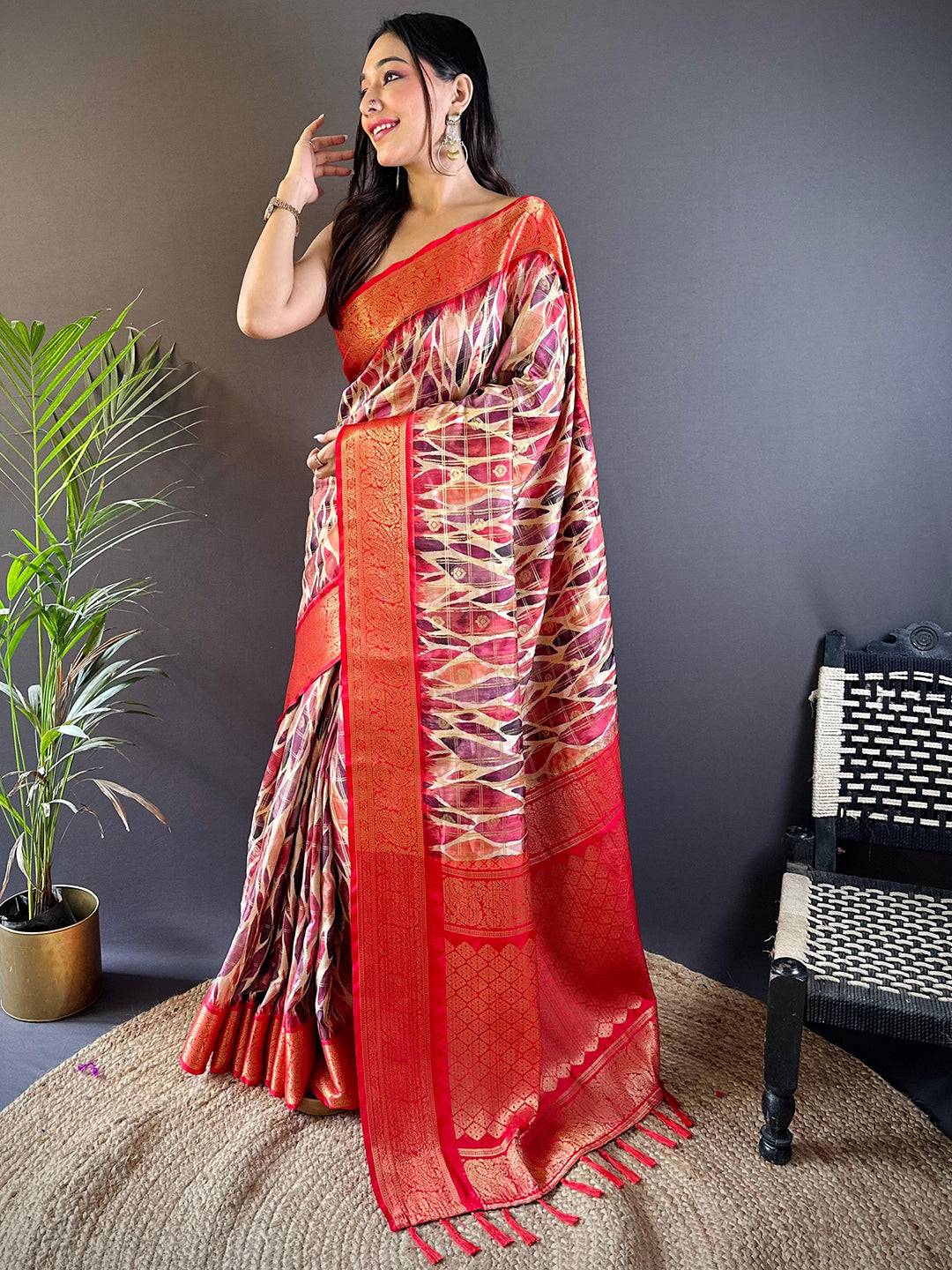 Red Kovai Rettapet Border Geometric Saree by My Store