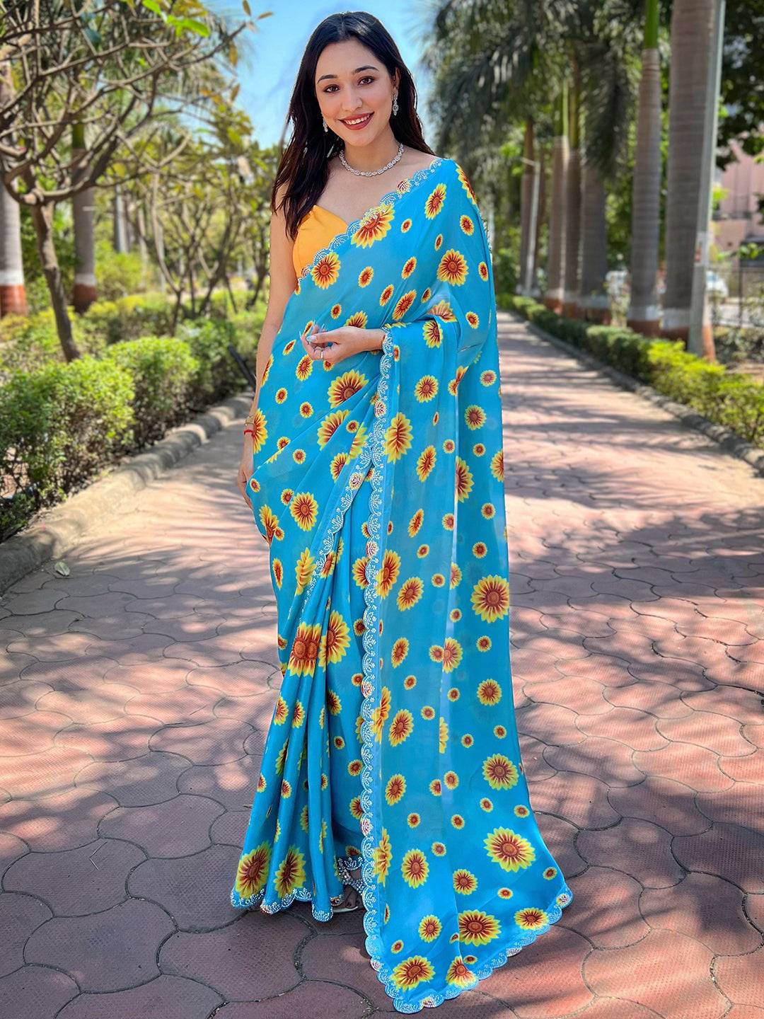 Blue Pure Satin Georgette with Zircon Swarovski Border Saree