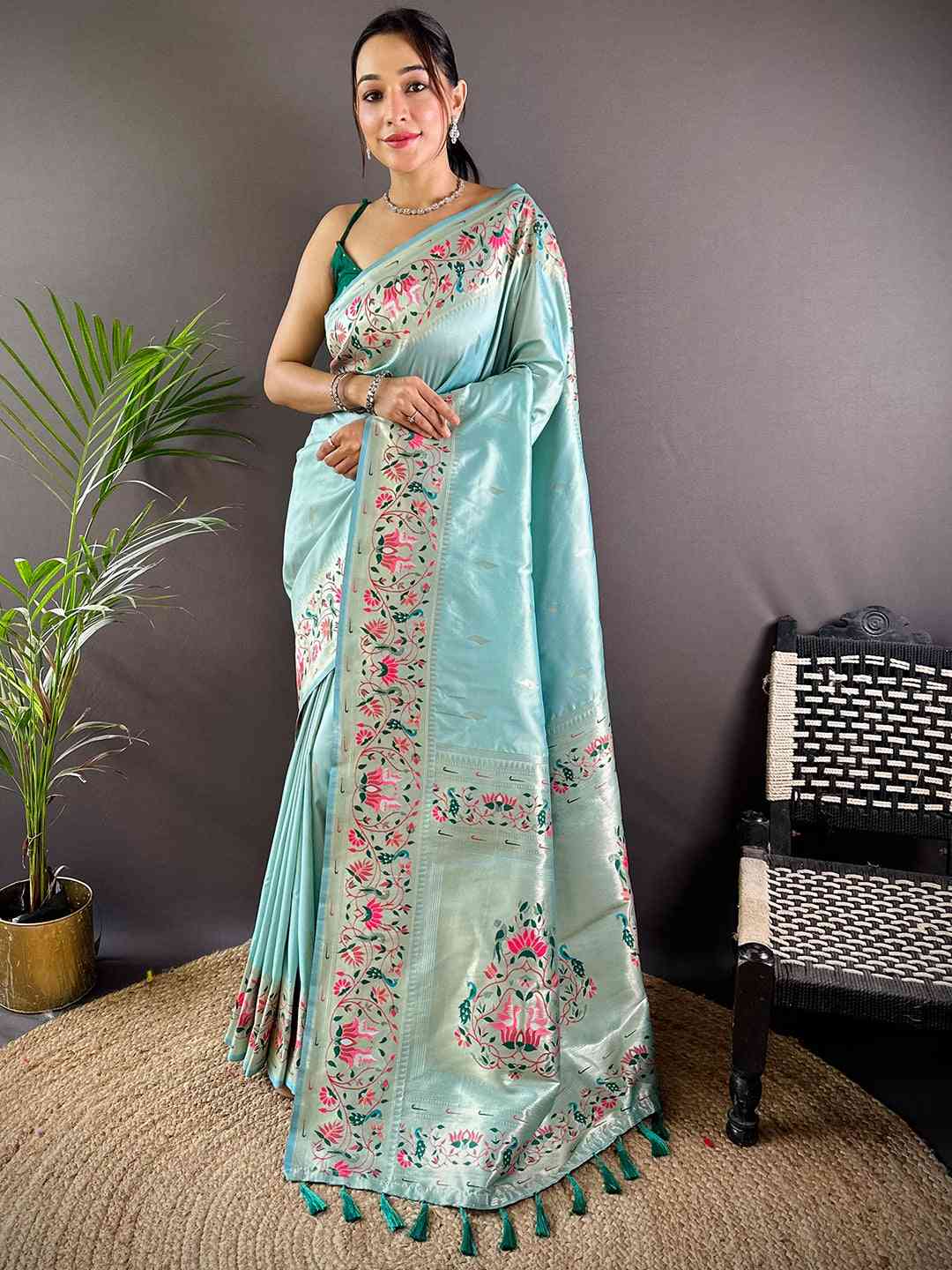 Sky Blue Yevla Paithani Meenakari Saree by My Store