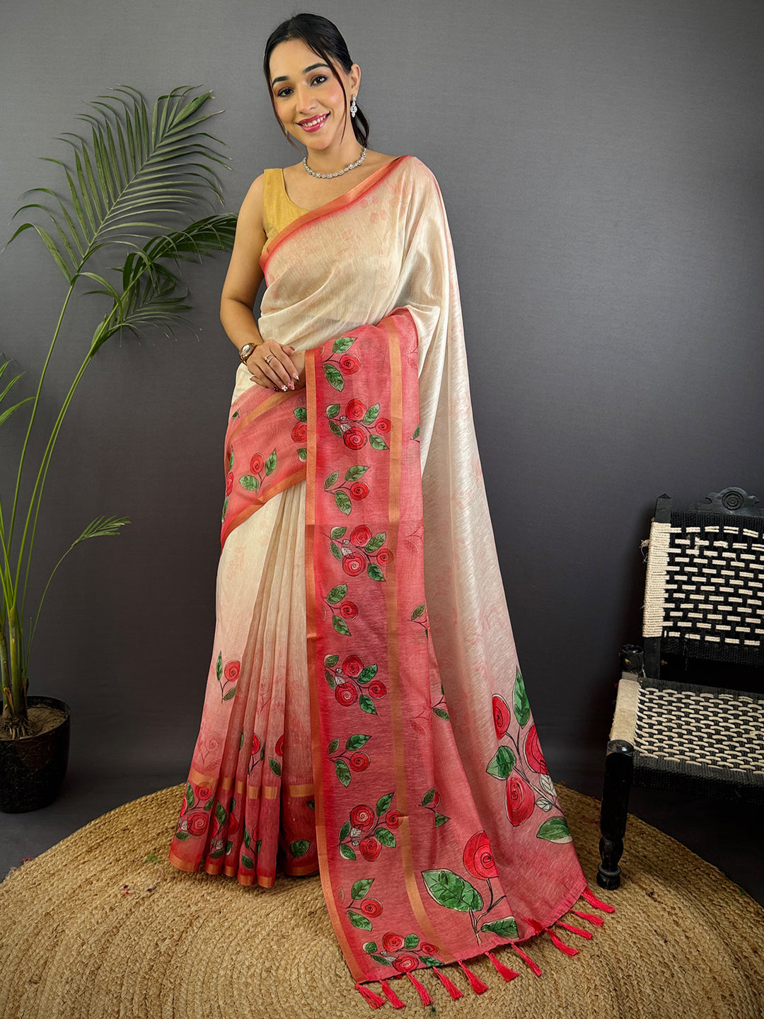 Red Linen Chanderi Floral Print Saree by My Store