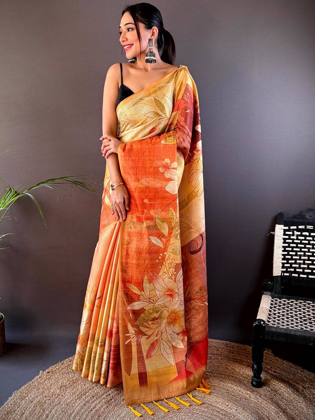 Golden Yellow Semi Zari Tussar Floral Saree by My Store