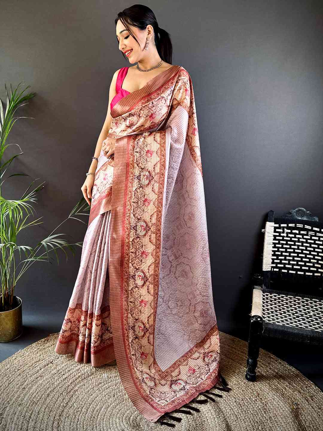 Graceful Light Pink Soft Silk Chex Saree by My Store