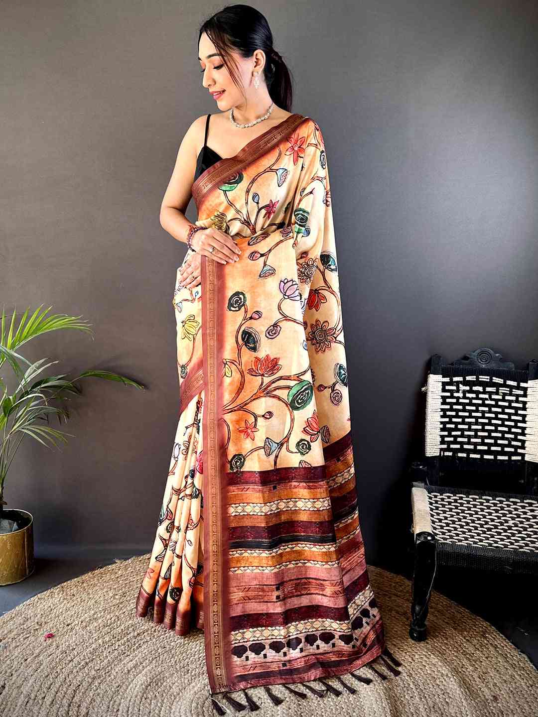 Peach Soft Silk Freehand Kalamkari Print Saree by My Store