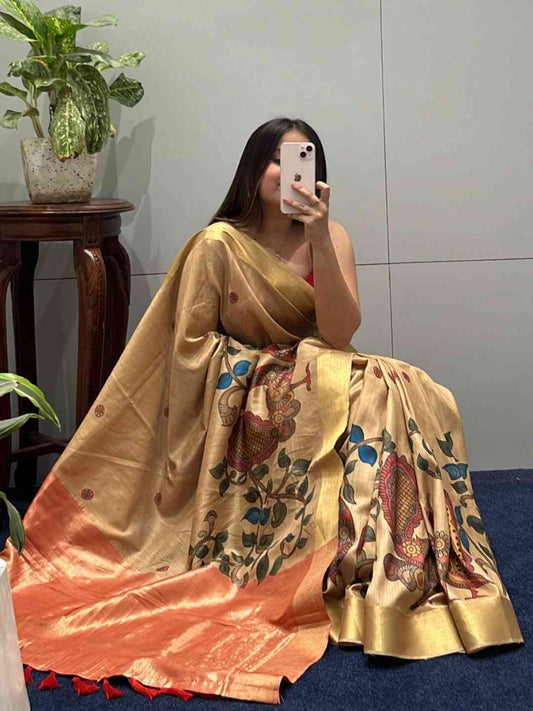 Incredible Pen Kalamkari Linen Tissue Soft Saree by My Store