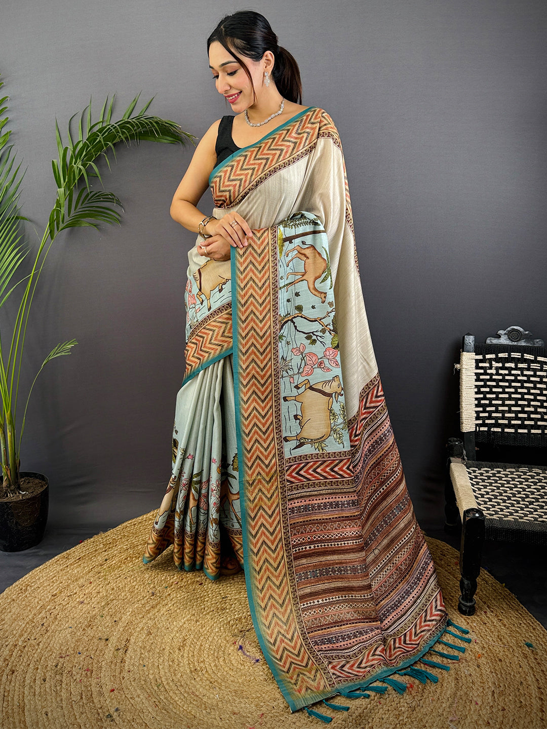 Ivory Linen Block Kalamkari Print Saree by My Store