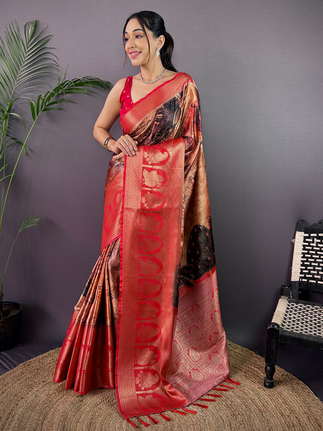 Heritage Soft Cherry Satin Kalamkari Print Saree by My Store