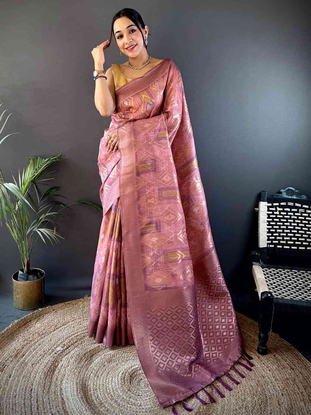 Blush Pink Banarasi Silk Katan Geometric Saree
