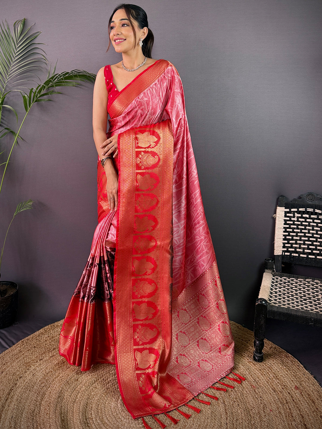 Radiance Soft Cherry Satin Kalamkari Print Saree by My Store