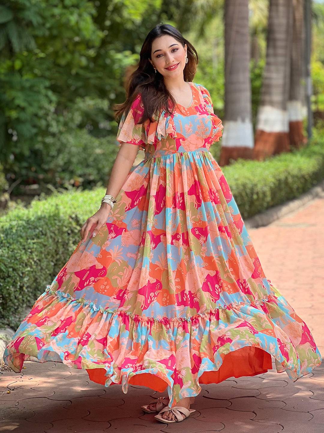 Floral Flared Multi Colour Flary Dress by My Store