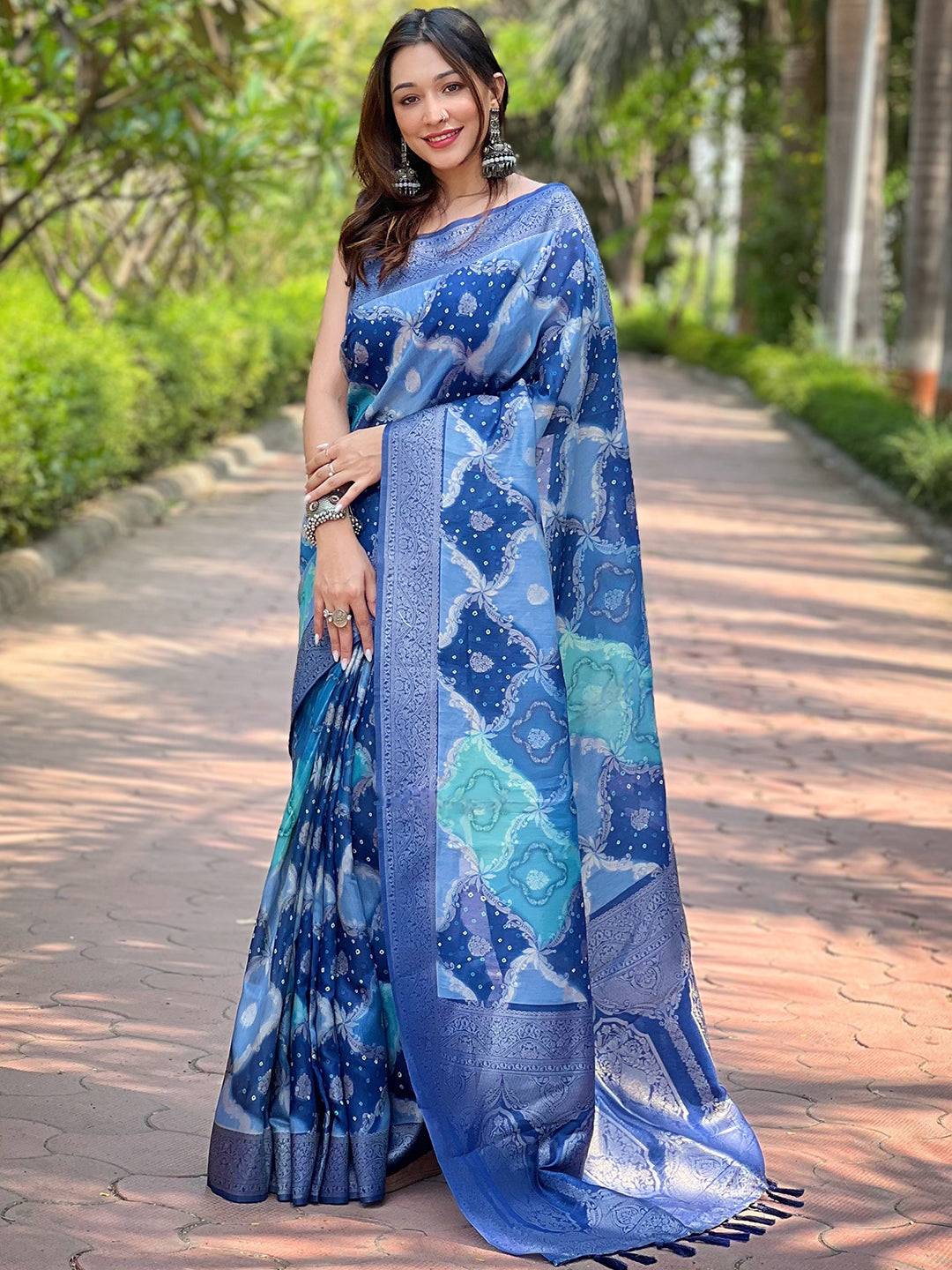 Blue Digital Block Placement Print Saree