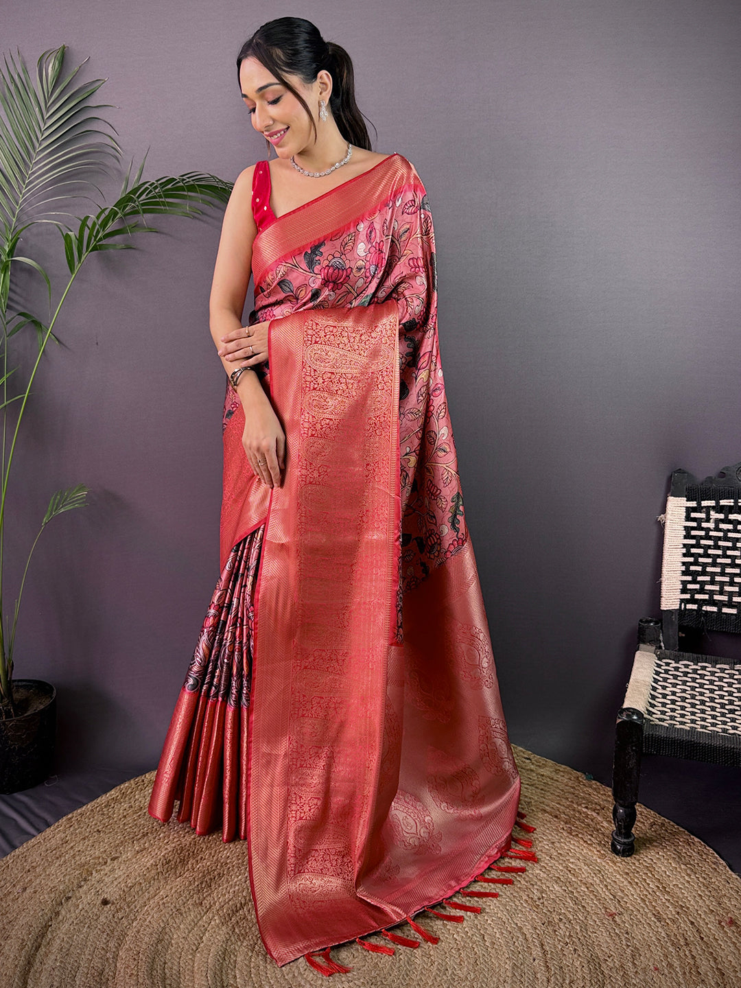 Dark Peach Cherry Satin Kalamkari Saree by My Store