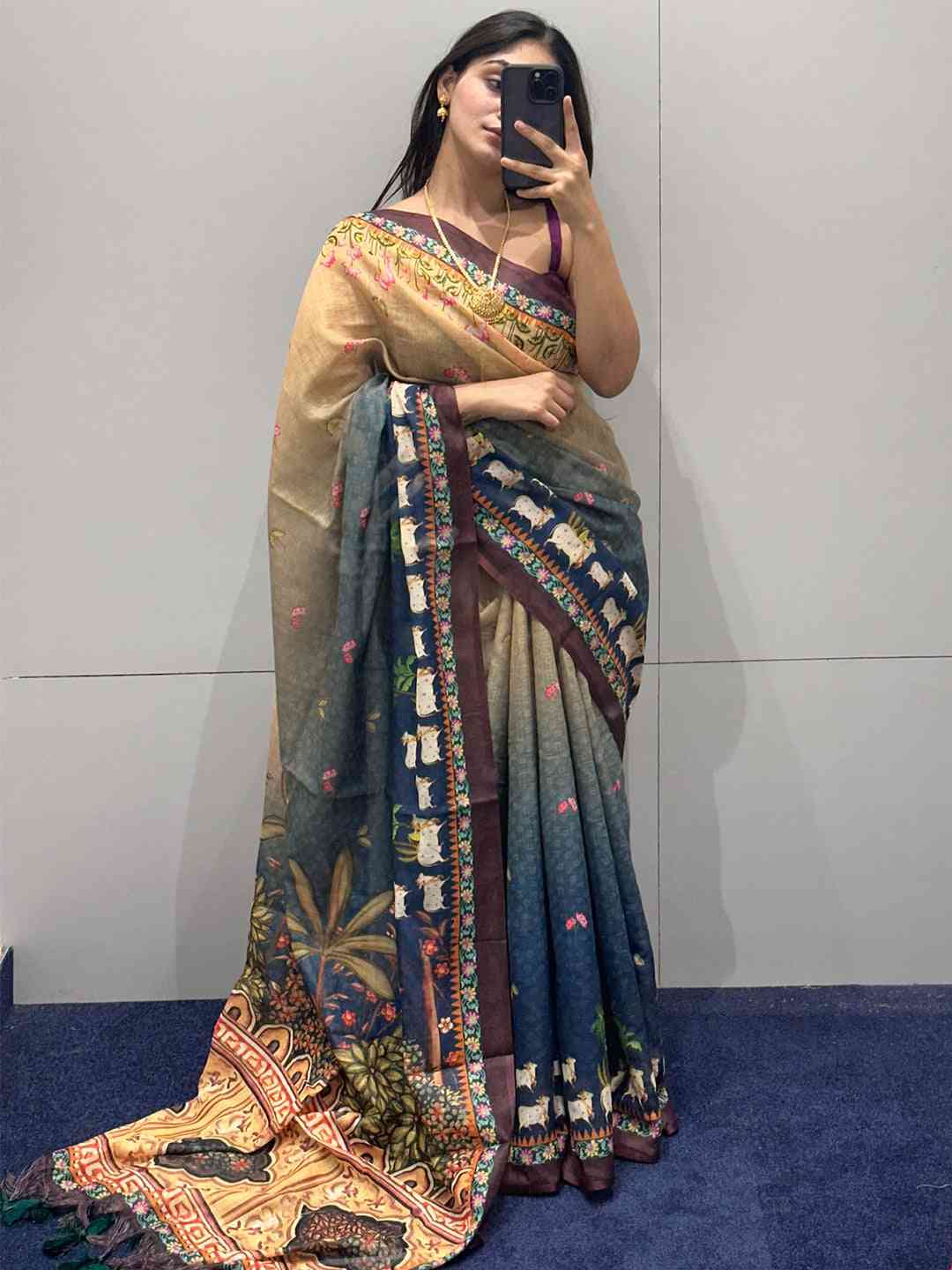 Soft Linen Ombre Pichwai Printed Blue Colour Saree by My Store