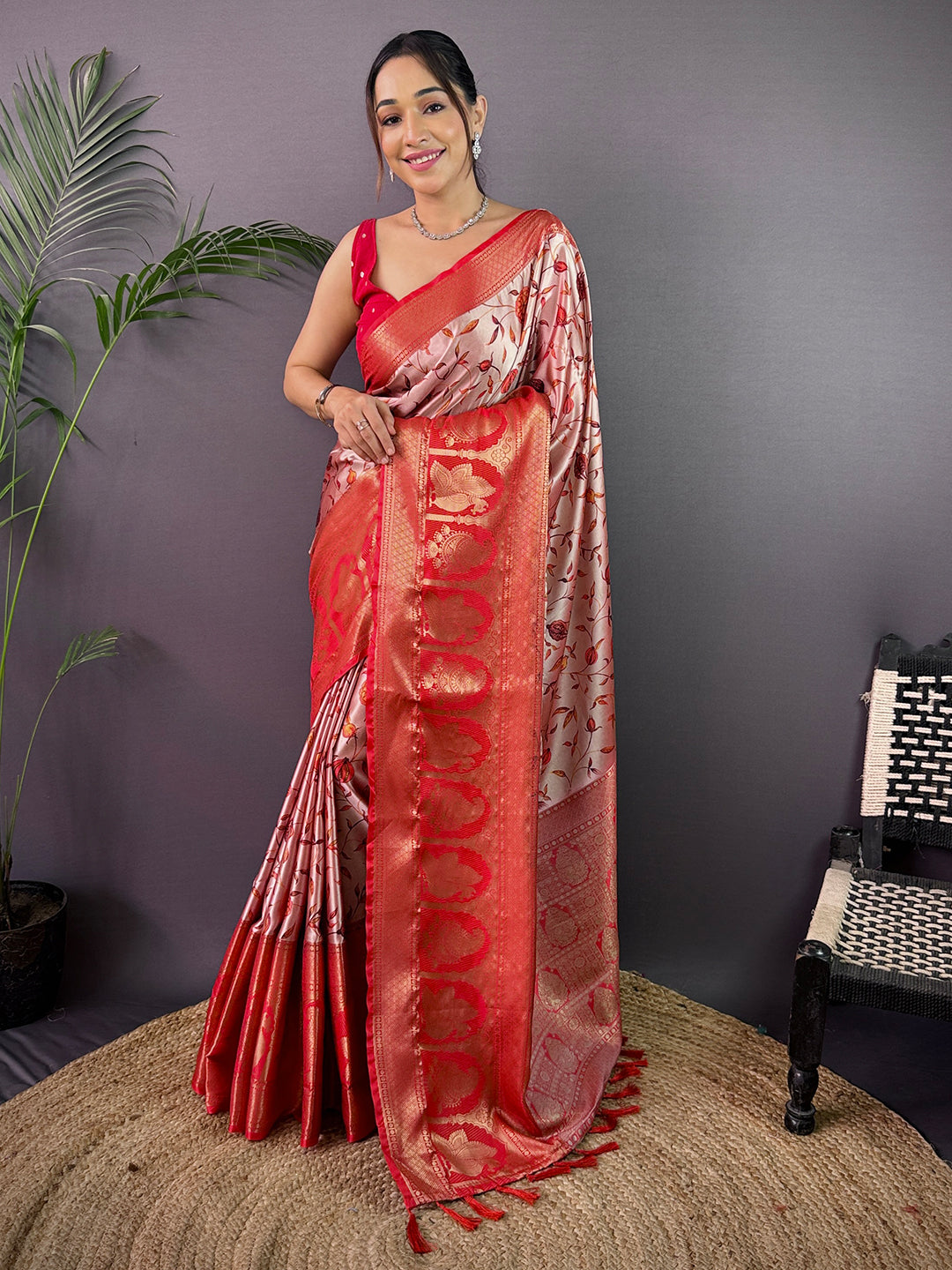 Elegant Soft Cherry Satin Kalamkari Print Saree by My Store
