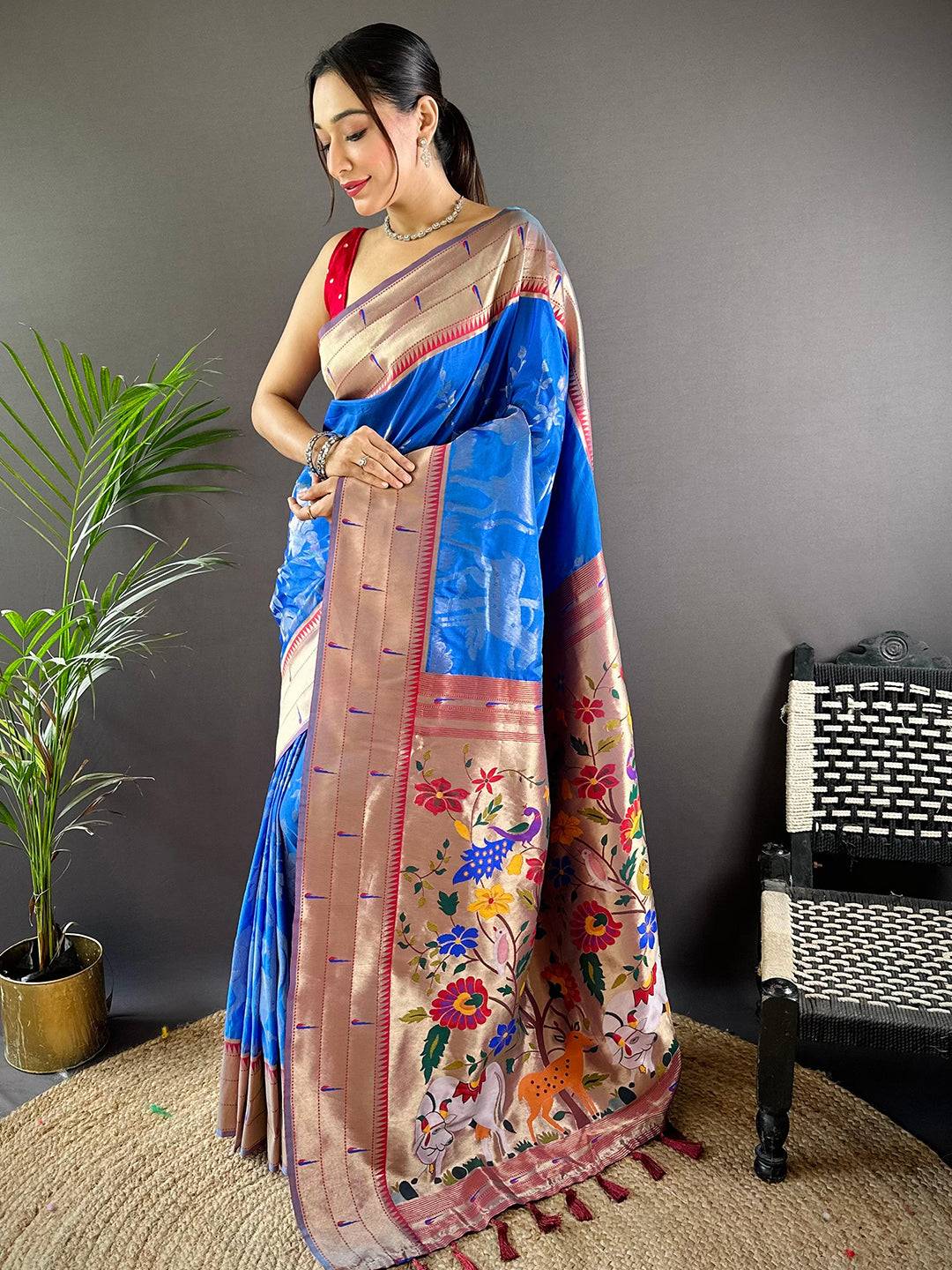 Royal Blue Paithani Silk Pichwai Woven Saree by My Store